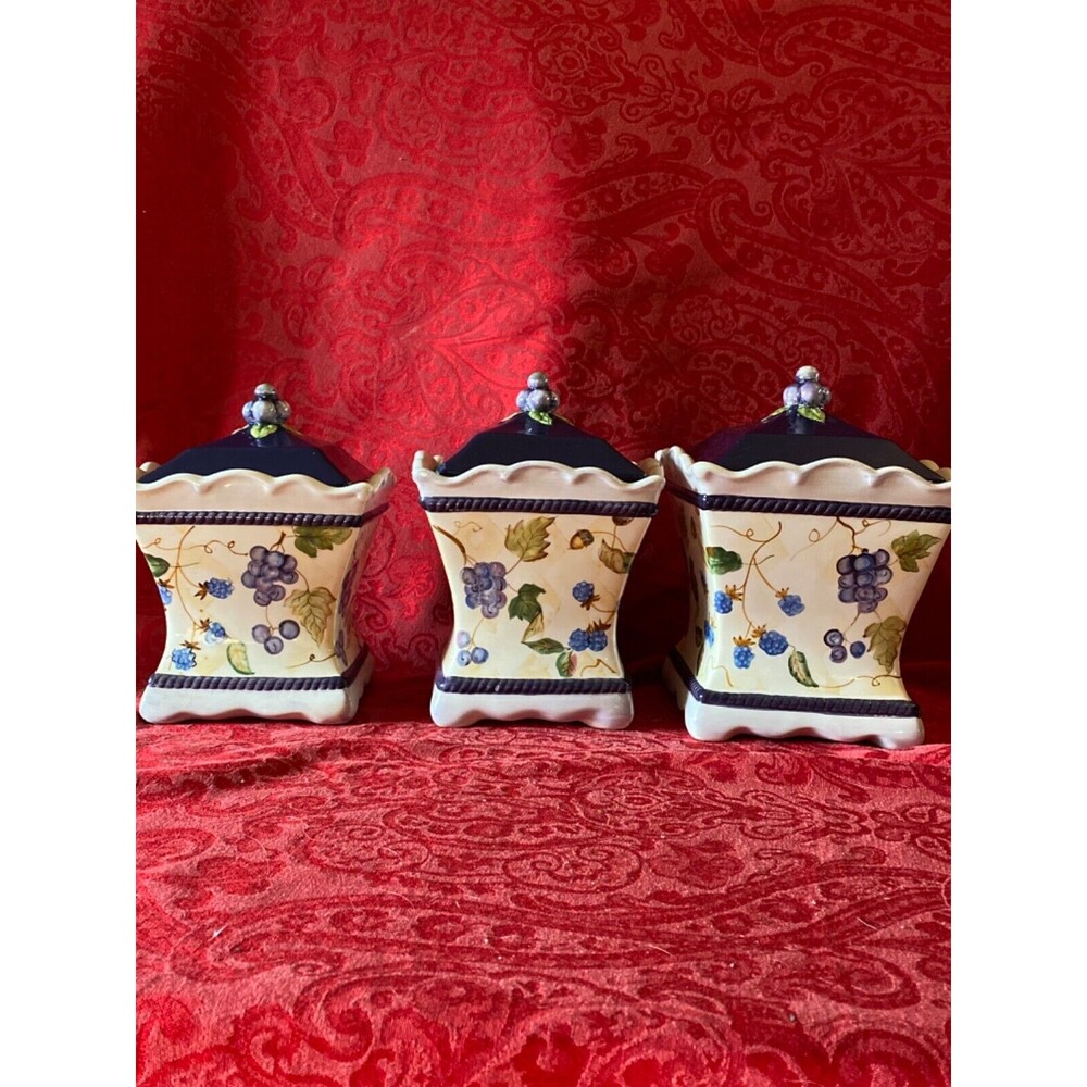 Vintage Set of 3 Capriware Canisters Hand Painted Grapes Berries Covered Jars